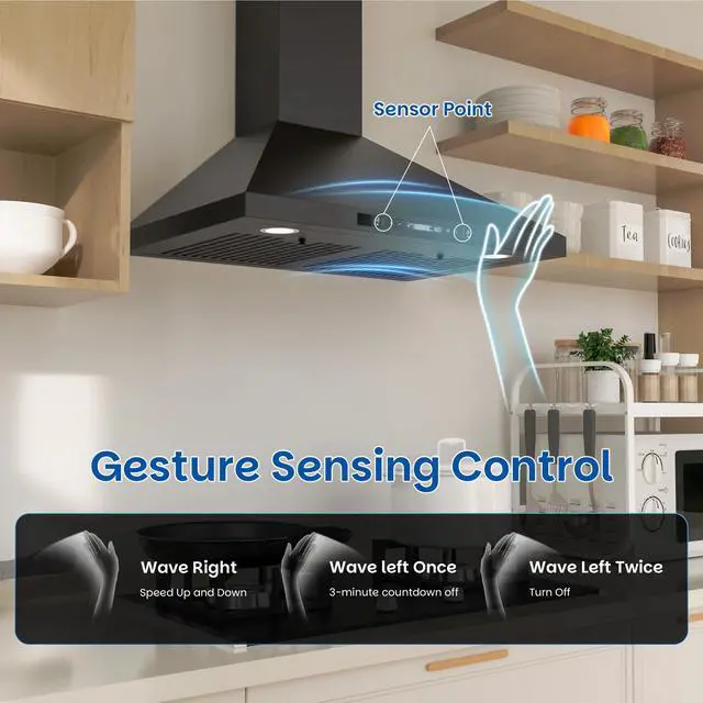 Alt view image 4 of 7 - Black Range Hood, 900 CFM, Wall Mount Range Hood 30 inch, Stainless Steel Kitchen Hood, Ducted/Ductless Convertible, Stove Vent Hood, Baffle Filters, LED Lights, Gesture & Touch Controls