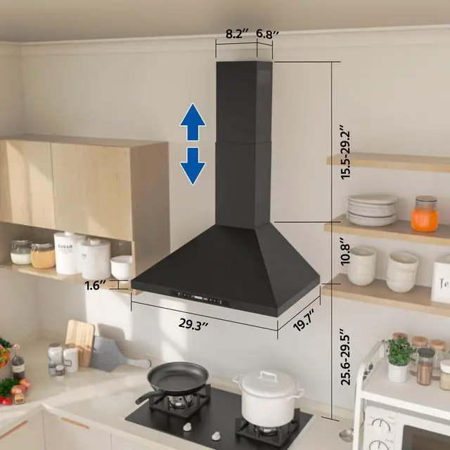 Alt view image 6 of 7 - Black Range Hood, 900 CFM, Wall Mount Range Hood 30 inch, Stainless Steel Kitchen Hood, Ducted/Ductless Convertible, Stove Vent Hood, Baffle Filters, LED Lights, Gesture & Touch Controls