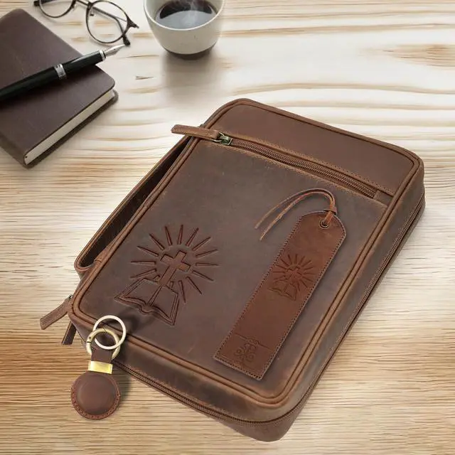 Alt view image 7 of 7 - Large Leather Bible Cover with Cross - Genuine Buffalo Leather for Men & Women, with Handle, Zipper, Pockets - Church Bag Plus Bookmark & AirTag Compatible Holder - Durable & Stylish