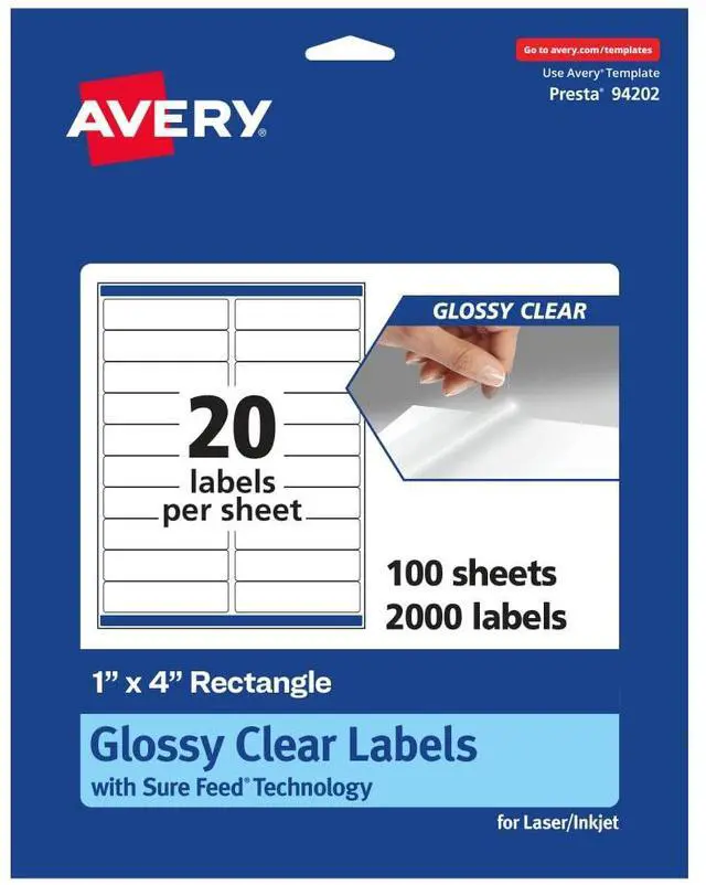 Main image of ® Glossy Clear Rectangle Labels, Sure Feed® Technology, 1" x 4", 2,000 Glossy Clear Labels, Laser/Inkjet Printable