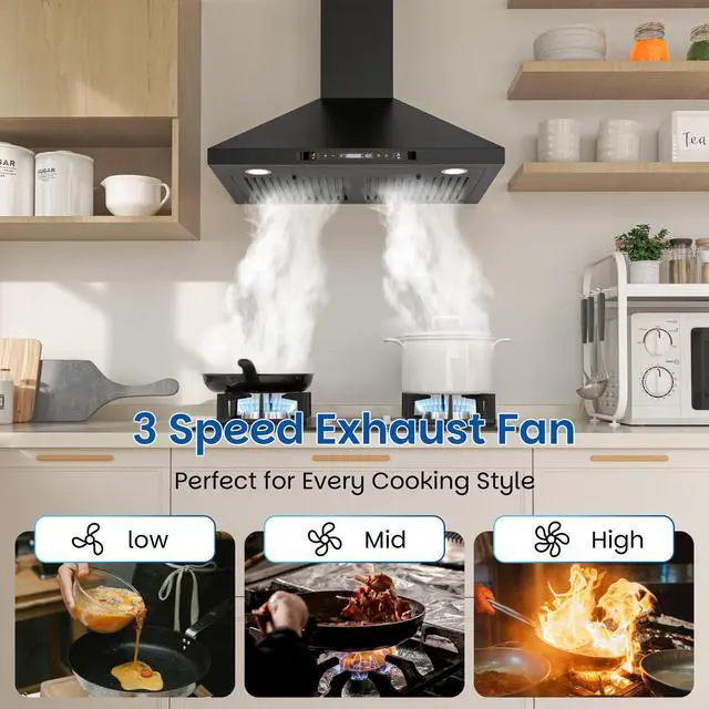 Alt view image 7 of 7 - Black Range Hood, 900 CFM, Wall Mount Range Hood 30 inch, Stainless Steel Kitchen Hood, Ducted/Ductless Convertible, Stove Vent Hood, Baffle Filters, LED Lights, Gesture & Touch Controls