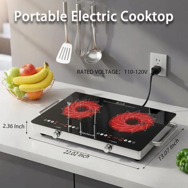 Alt view image 2 of 6 - 2 Burners Electric Cooktop with Handle & Touch Knob Control, 110V | Portable Electric Stove, 110V Hot Plate Countertop Burner, Timer, Child Lock, Easy to Clean, for RV Apartment Dorm, Black