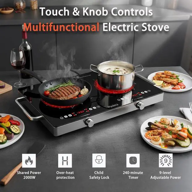 Alt view image 3 of 6 - 2 Burners Electric Cooktop with Handle & Touch Knob Control, 110V | Portable Electric Stove, 110V Hot Plate Countertop Burner, Timer, Child Lock, Easy to Clean, for RV Apartment Dorm, Black