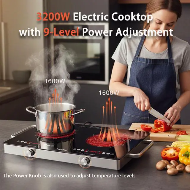 Alt view image 4 of 6 - 2 Burners Electric Cooktop with Handle & Touch Knob Control, 110V | Portable Electric Stove, 110V Hot Plate Countertop Burner, Timer, Child Lock, Easy to Clean, for RV Apartment Dorm, Black