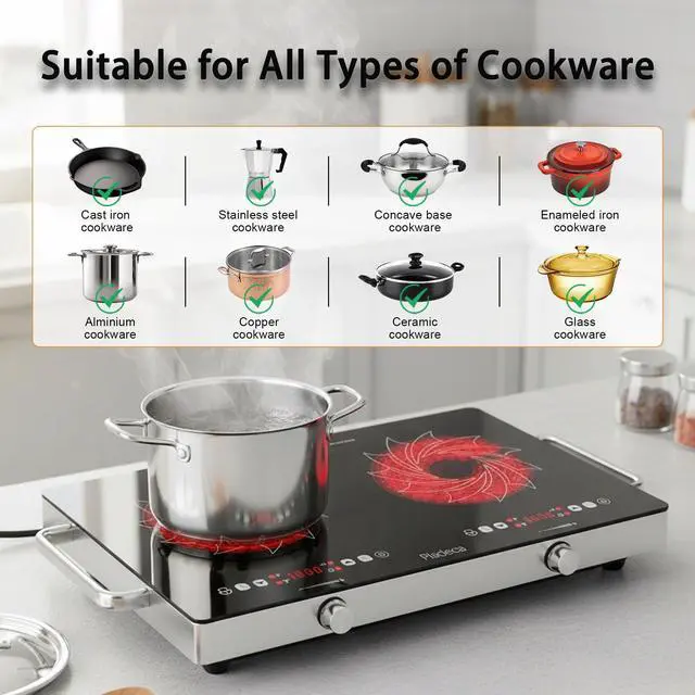Alt view image 5 of 6 - 2 Burners Electric Cooktop with Handle & Touch Knob Control, 110V | Portable Electric Stove, 110V Hot Plate Countertop Burner, Timer, Child Lock, Easy to Clean, for RV Apartment Dorm, Black