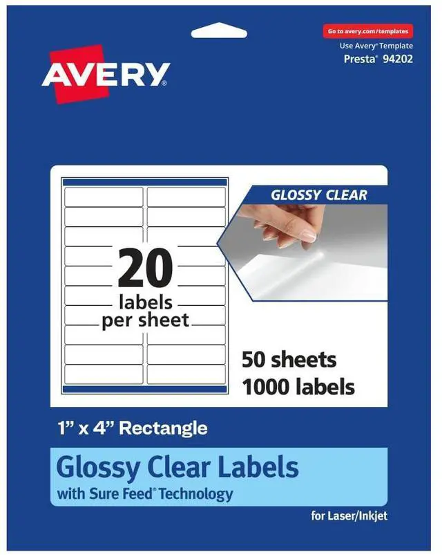 Main image of ® Glossy Clear Rectangle Labels, Sure Feed® Technology, 1" x 4", 1,000 Glossy Clear Labels, Laser/Inkjet Printable