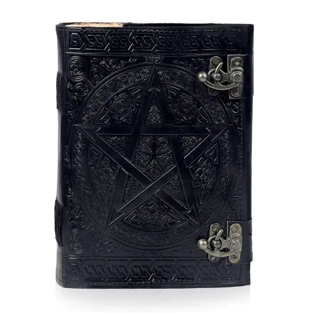 Alt view image 2 of 7 - 1000-Page Large Pentagram Embossed Book of Shadows | Vintage Wiccan Grimoire with Aged Deckle Edge Leather journal | Lockable Spellbook, Witchcraft Notebook, Gothic Diary (7x10 Inches)