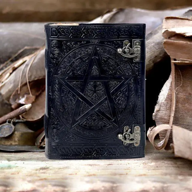 Alt view image 5 of 7 - 1000-Page Large Pentagram Embossed Book of Shadows | Vintage Wiccan Grimoire with Aged Deckle Edge Leather journal | Lockable Spellbook, Witchcraft Notebook, Gothic Diary (7x10 Inches)