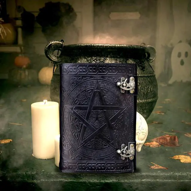 Alt view image 7 of 7 - 1000-Page Large Pentagram Embossed Book of Shadows | Vintage Wiccan Grimoire with Aged Deckle Edge Leather journal | Lockable Spellbook, Witchcraft Notebook, Gothic Diary (7x10 Inches)