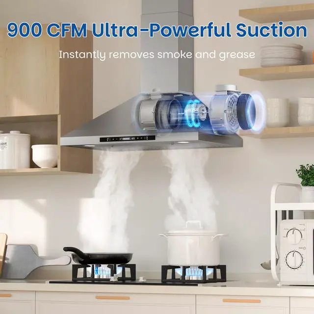 Alt view image 2 of 7 - Wall Mount Range Hood 30 inch, 900 CFM, Ducted/Ductless Convertible, Stainless Steel Kitchen Vent Hood with 3-Speed Fan and LED Lights, Gesture & Touch Controls, Charcoal Filters Included
