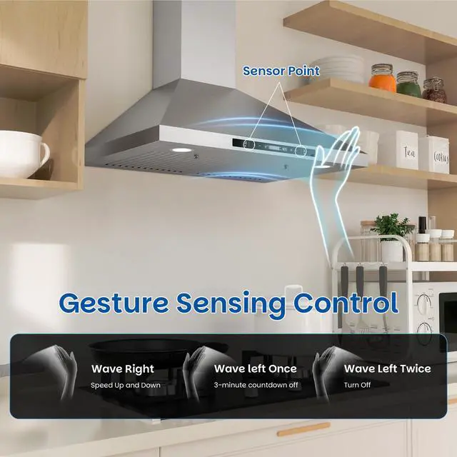 Alt view image 3 of 7 - Wall Mount Range Hood 30 inch, 900 CFM, Ducted/Ductless Convertible, Stainless Steel Kitchen Vent Hood with 3-Speed Fan and LED Lights, Gesture & Touch Controls, Charcoal Filters Included