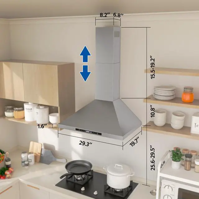 Alt view image 6 of 7 - Wall Mount Range Hood 30 inch, 900 CFM, Ducted/Ductless Convertible, Stainless Steel Kitchen Vent Hood with 3-Speed Fan and LED Lights, Gesture & Touch Controls, Charcoal Filters Included