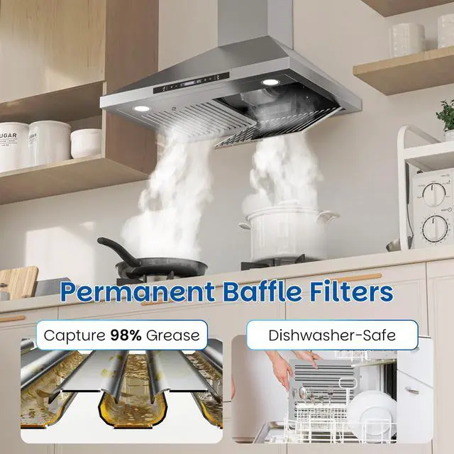 Alt view image 5 of 7 - Wall Mount Range Hood 30 inch, 900 CFM, Ducted/Ductless Convertible, Stainless Steel Kitchen Vent Hood with 3-Speed Fan and LED Lights, Gesture & Touch Controls, Charcoal Filters Included