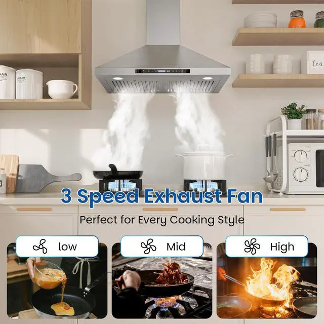 Alt view image 7 of 7 - Wall Mount Range Hood 30 inch, 900 CFM, Ducted/Ductless Convertible, Stainless Steel Kitchen Vent Hood with 3-Speed Fan and LED Lights, Gesture & Touch Controls, Charcoal Filters Included
