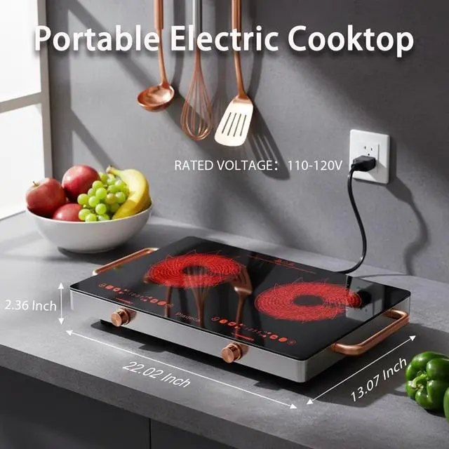 Alt view image 2 of 7 - 2 Burners Electric Cooktop with Handle & Touch Knob Control, 110V | Portable Electric Stove, 110V Hot Plate Countertop Burner, Timer, Child Lock, Easy to Clean, for RV Apartment Dorm, Gold