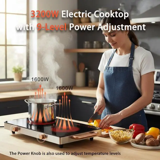 Alt view image 5 of 7 - 2 Burners Electric Cooktop with Handle & Touch Knob Control, 110V | Portable Electric Stove, 110V Hot Plate Countertop Burner, Timer, Child Lock, Easy to Clean, for RV Apartment Dorm, Gold