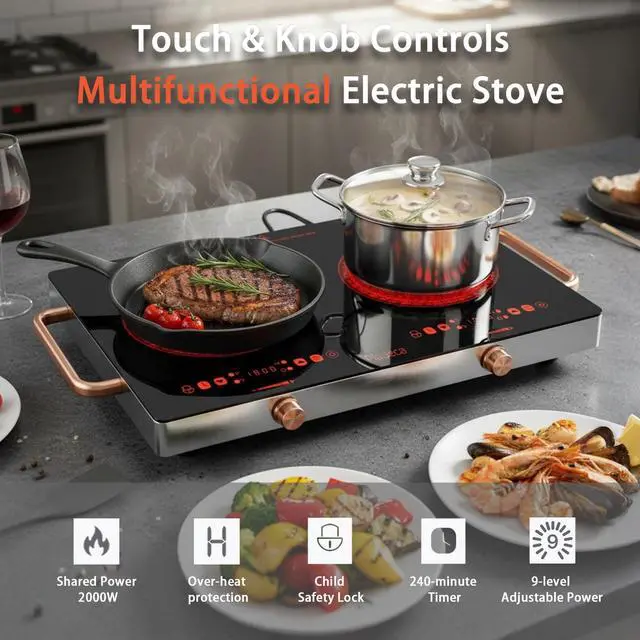 Alt view image 4 of 7 - 2 Burners Electric Cooktop with Handle & Touch Knob Control, 110V | Portable Electric Stove, 110V Hot Plate Countertop Burner, Timer, Child Lock, Easy to Clean, for RV Apartment Dorm, Gold
