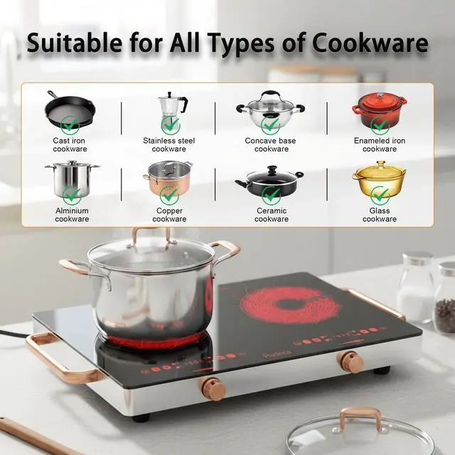 Alt view image 6 of 7 - 2 Burners Electric Cooktop with Handle & Touch Knob Control, 110V | Portable Electric Stove, 110V Hot Plate Countertop Burner, Timer, Child Lock, Easy to Clean, for RV Apartment Dorm, Gold