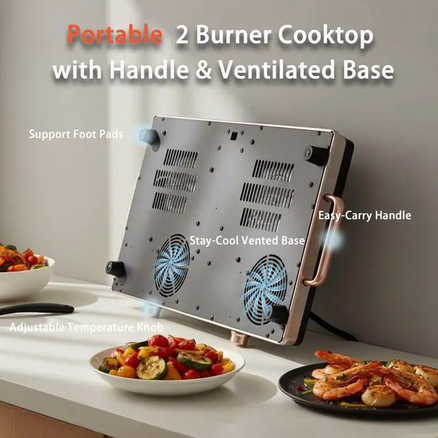 Alt view image 7 of 7 - 2 Burners Electric Cooktop with Handle & Touch Knob Control, 110V | Portable Electric Stove, 110V Hot Plate Countertop Burner, Timer, Child Lock, Easy to Clean, for RV Apartment Dorm, Gold