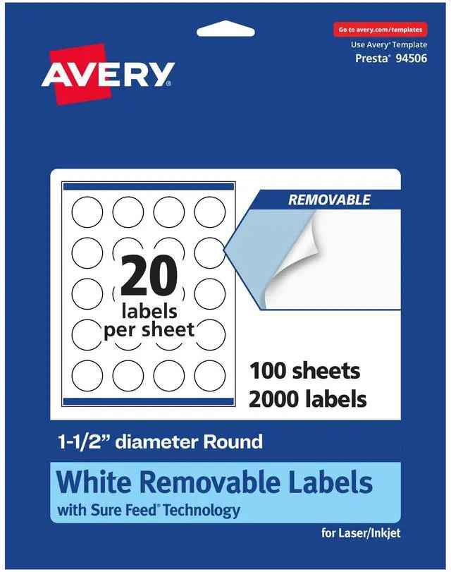 Main image of ® Matte White Removable Round Labels, Sure Feed® Technology, Print-to-The-Edge, 1.5" Diameter, 2,000 Removable Labels, Laser/Inkjet Printable