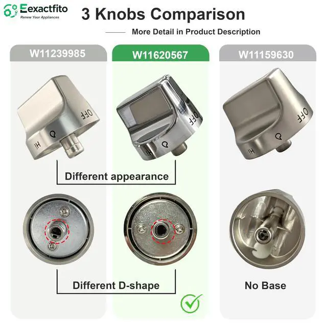 Alt view image 6 of 6 - 5 pcs Whirlpool Stove Knob Replacement W11620567 |, Stainless Steel, Reinforced D-Shape and sleeve, Replaces W11510456