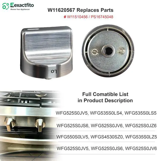 Alt view image 4 of 6 - 5 pcs Whirlpool Stove Knob Replacement W11620567 |, Stainless Steel, Reinforced D-Shape and sleeve, Replaces W11510456