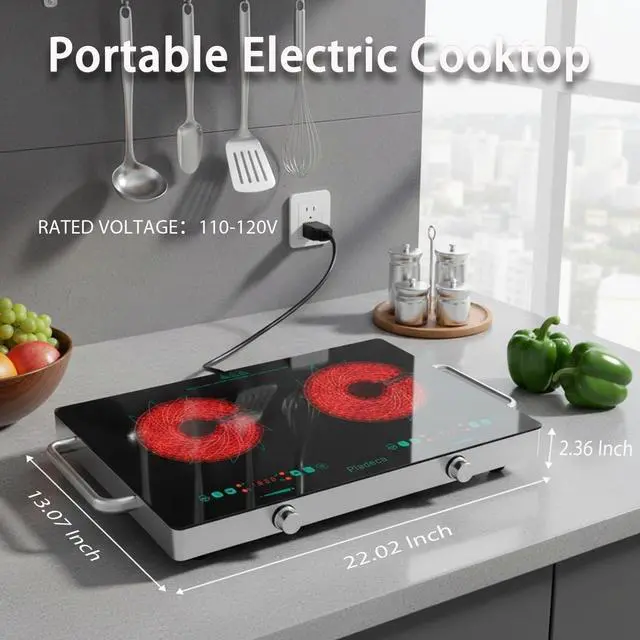 Alt view image 2 of 7 - 2 Burners Electric Cooktop with Handle & Touch Knob Control, 110V | Portable Electric Stove, 110V Hot Plate Countertop Burner, Timer, Child Lock, Easy to Clean, for RV Apartment Dorm,Green