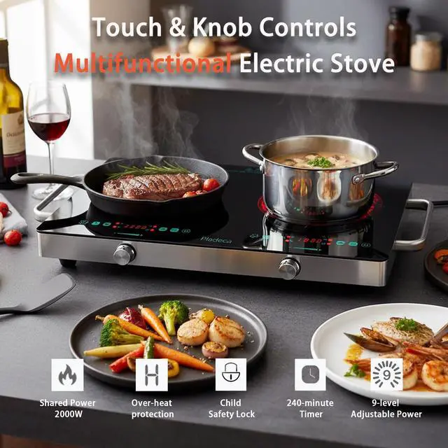 Alt view image 4 of 7 - 2 Burners Electric Cooktop with Handle & Touch Knob Control, 110V | Portable Electric Stove, 110V Hot Plate Countertop Burner, Timer, Child Lock, Easy to Clean, for RV Apartment Dorm,Green