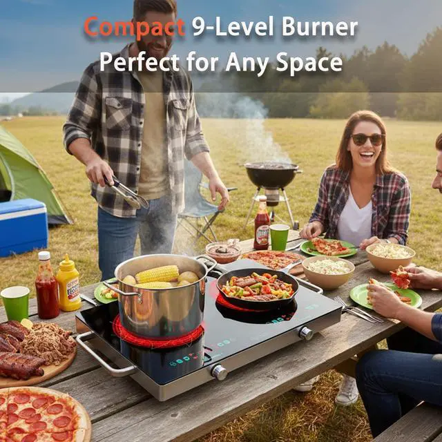 Alt view image 3 of 7 - 2 Burners Electric Cooktop with Handle & Touch Knob Control, 110V | Portable Electric Stove, 110V Hot Plate Countertop Burner, Timer, Child Lock, Easy to Clean, for RV Apartment Dorm,Green