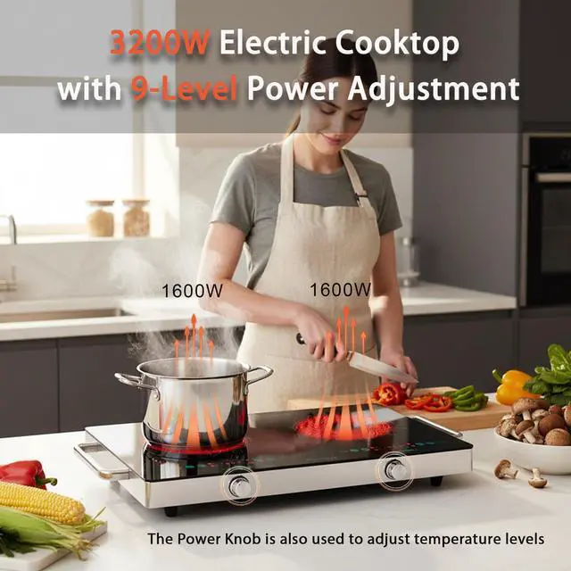 Alt view image 5 of 7 - 2 Burners Electric Cooktop with Handle & Touch Knob Control, 110V | Portable Electric Stove, 110V Hot Plate Countertop Burner, Timer, Child Lock, Easy to Clean, for RV Apartment Dorm,Green