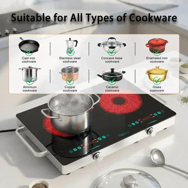 Alt view image 6 of 7 - 2 Burners Electric Cooktop with Handle & Touch Knob Control, 110V | Portable Electric Stove, 110V Hot Plate Countertop Burner, Timer, Child Lock, Easy to Clean, for RV Apartment Dorm,Green