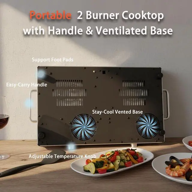 Alt view image 7 of 7 - 2 Burners Electric Cooktop with Handle & Touch Knob Control, 110V | Portable Electric Stove, 110V Hot Plate Countertop Burner, Timer, Child Lock, Easy to Clean, for RV Apartment Dorm,Green