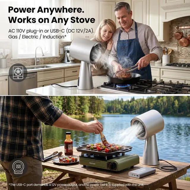 Alt view image 3 of 7 - Portable Range Hood, 3-Speed Countertop Kitchen Exhaust Fan | AC adapter or external USB-C DC 12V/2A power; multi-stage filters; for apartments, dorms, RVs, hot pot and indoor BBQ