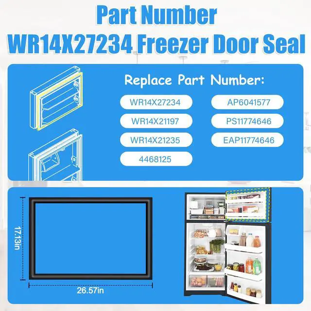 Alt view image 2 of 7 - Upgraded WR14X27234 Freezer Door Gasket Compatible with GE Freezer Door Seal Replacement WR14X21197 WR14X21235 4468125 for Hotpoint Refrigerator Door Gasket Replacement Black Fridge Seal 26.57"x17.13"