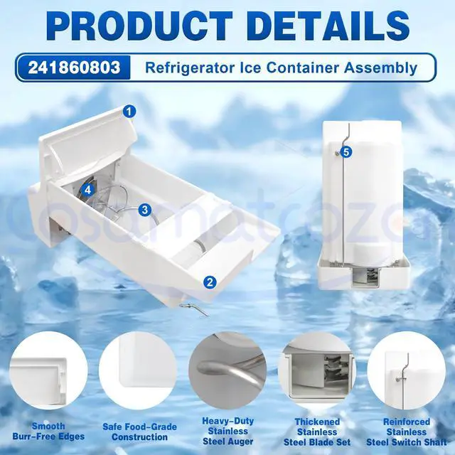 Alt view image 4 of 6 - 241860803 Refrigerator Ice Container Assembly | Includes ice auger & crusher blades Compatible with Some Electrolux, Kenmore, White-Westinghouse and Frigidaire Refrigerators
