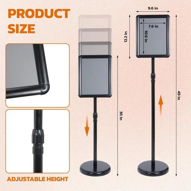 Alt view image 2 of 4 - Adjustable Pedestal Floor Standing Sign Holder for 8.5*11 inch 360° Rotation Snap-Open Frame Display Outdoor Indoor Poster or Chalk Board Display for School Restaurant Business Mall Advertising 4PC