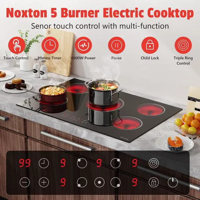 Alt view image 2 of 7 - Electric Cooktop 30 Inch, 5 Burners Electric Stovetop, Drop-in, 240V | 30" Radiant Ceramic Cooktop, Triple Ring, Pause, Timer, Child Safety Lock, 220-240V Hardwire, No Plug