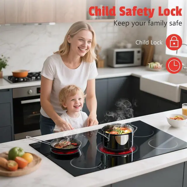 Alt view image 4 of 7 - Electric Cooktop 30 Inch, 5 Burners Electric Stovetop, Drop-in, 240V | 30" Radiant Ceramic Cooktop, Triple Ring, Pause, Timer, Child Safety Lock, 220-240V Hardwire, No Plug