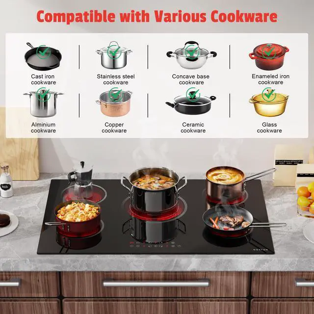 Alt view image 5 of 7 - Electric Cooktop 30 Inch, 5 Burners Electric Stovetop, Drop-in, 240V | 30" Radiant Ceramic Cooktop, Triple Ring, Pause, Timer, Child Safety Lock, 220-240V Hardwire, No Plug