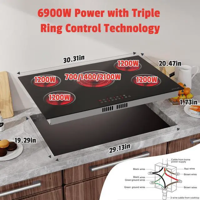 Alt view image 6 of 7 - Electric Cooktop 30 Inch, 5 Burners Electric Stovetop, Drop-in, 240V | 30" Radiant Ceramic Cooktop, Triple Ring, Pause, Timer, Child Safety Lock, 220-240V Hardwire, No Plug