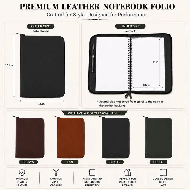 Alt view image 3 of 7 - Leather Journal Cover, Zippered, 8.5 x 11 in., Black | Full Grain Leather, Refillable, Fits Spiral & Cahier XXL Notebooks, Handmade, Zipper Closure, Pen Holder