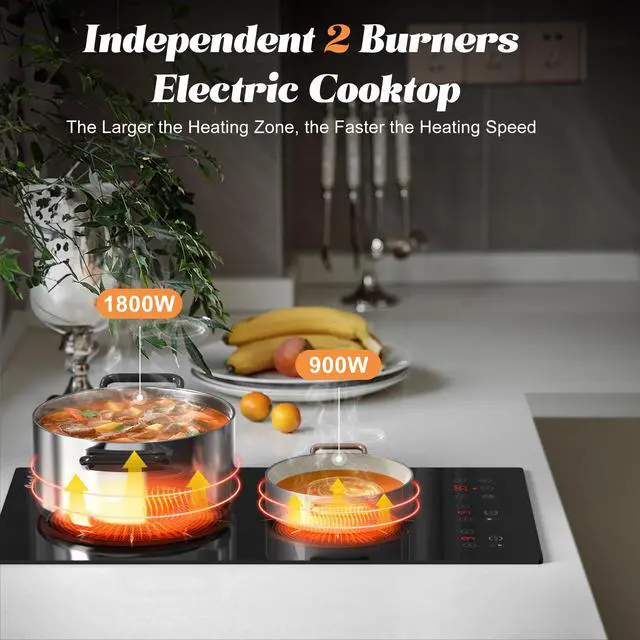 Alt view image 5 of 7 - 2 Burner Electric Cooktop 2000W Portable 110V Plug in | 12 Inch Electric Stove Top Two Bunrer Built-in & Countertop, Safety Lock, 180-Min Timer, Touch Control, 120V Plug in