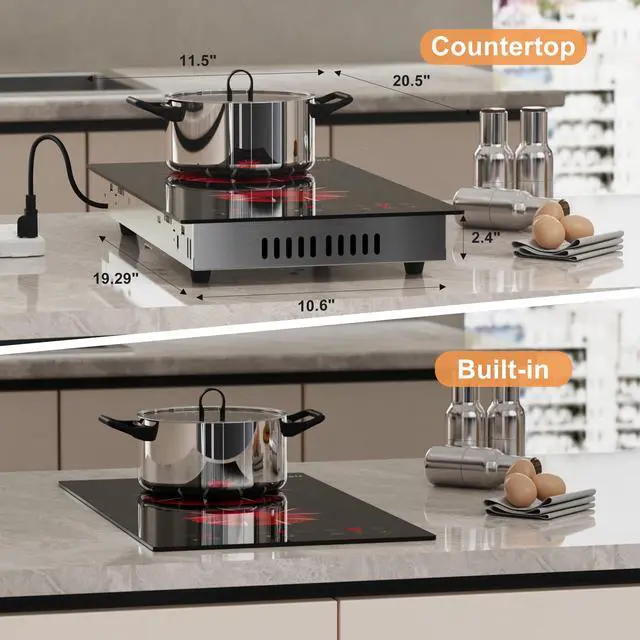 Alt view image 4 of 7 - 2 Burner Electric Cooktop 2000W Portable 110V Plug in | 12 Inch Electric Stove Top Two Bunrer Built-in & Countertop, Safety Lock, 180-Min Timer, Touch Control, 120V Plug in