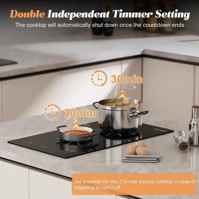 Alt view image 7 of 7 - 2 Burner Electric Cooktop 2000W Portable 110V Plug in | 12 Inch Electric Stove Top Two Bunrer Built-in & Countertop, Safety Lock, 180-Min Timer, Touch Control, 120V Plug in