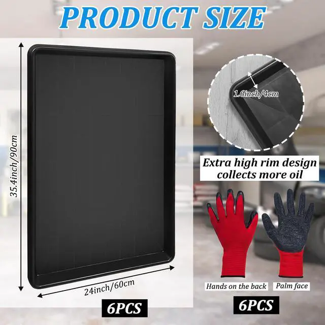 Alt view image 2 of 7 - 6 Pcs Extra Large Auto Oil Drip Pan with 3 Pairs of Gloves- 35.4 x 24 x1.6 Inches Oil Drip Tray for Under Car Plastic Oil Tray,Oil Catch Pan Replacement Tray, Keep Garage Floor Driveway Safe and Clean