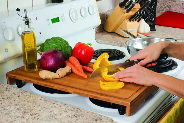 Alt view image 2 of 2 - Bamboo Stove Top Work Surface with Adjustable Legs & Built in Juice Groove - Covers Stove Top to Create Additional Kitchen Workspace - 2 Burner (43547)