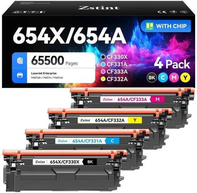 Main image of 654X 654A Toner Cartridge 4-Pack High Yield Replacement for HP 654X 654A CF330X CF331A CF332A CF333A Compatible with HP Color LaserJet Enterprise M651dn M651n M651xh Printer Black Cyan Magenta Yellow