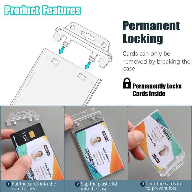 Alt view image 2 of 7 - 50 Pack Permanent Locking Hard Plastic ID Badge Holder | Vertical, Crystal Clear, Heavy Duty, Secure Case Protector for Passes Access IDs, Proximity RFID One and Two I'd Cards