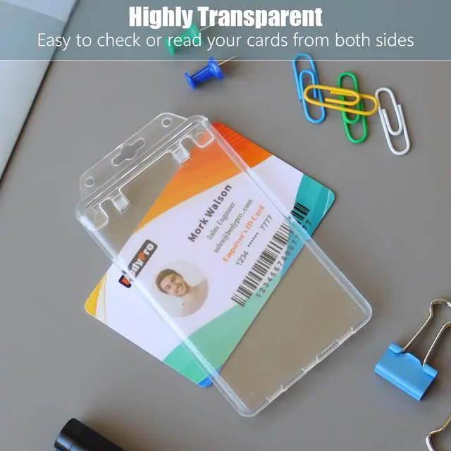 Alt view image 3 of 7 - 50 Pack Permanent Locking Hard Plastic ID Badge Holder | Vertical, Crystal Clear, Heavy Duty, Secure Case Protector for Passes Access IDs, Proximity RFID One and Two I'd Cards