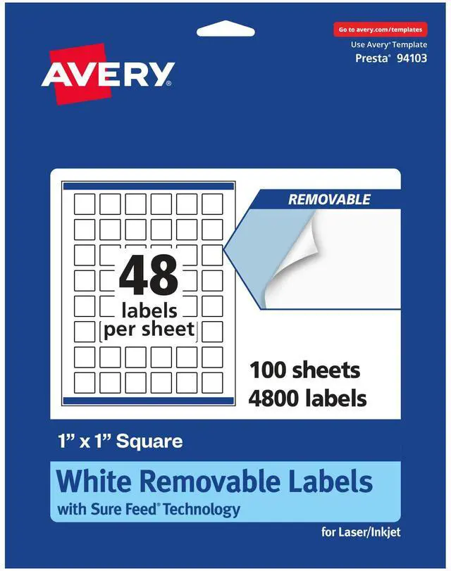 Main image of ® Matte White Removable Square Labels, Sure Feed® Technology, Print-to-The-Edge, 1" x 1", 4,800 Removable Labels, Laser/Inkjet Printable